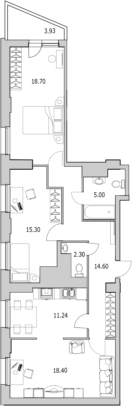3-комнатная квартира, 89.4 м² - планировка, фото №1