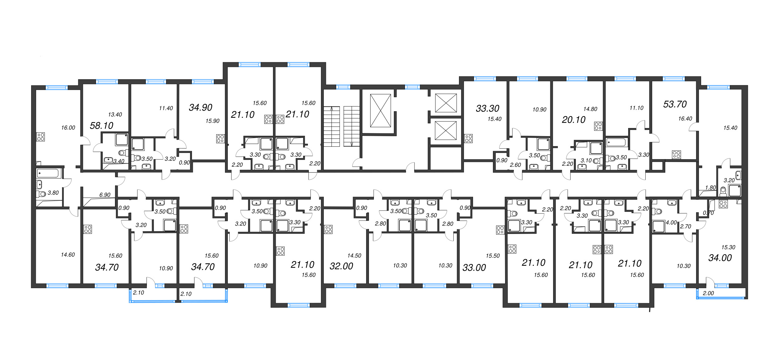 3-комнатная (Евро) квартира, 58.1 м² в ЖК "Дыбенко Парк" - планировка этажа