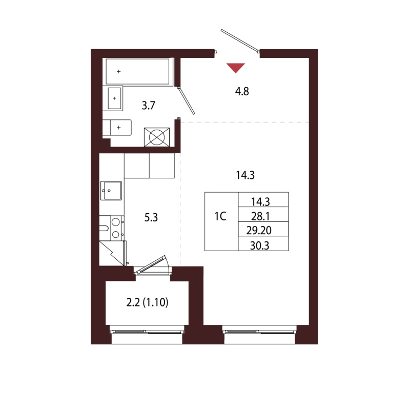 Квартира-студия, 29.2 м² в ЖК "Лисино" - планировка, фото №1