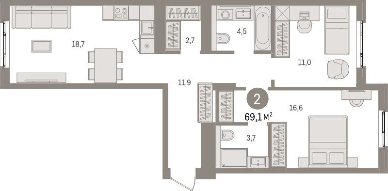 3-комнатная (Евро) квартира, 69.1 м² в ЖК "Брусника в Новоселье" - планировка, фото №1