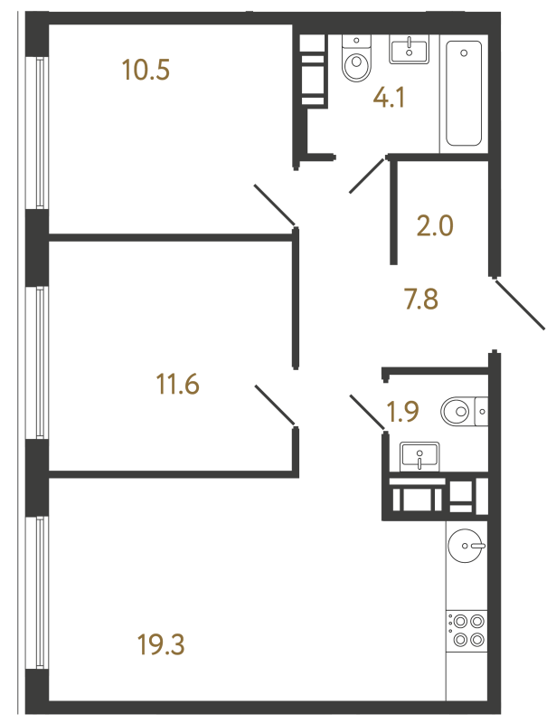 3-комнатная (Евро) квартира, 57.2 м² в ЖК "Гений" - планировка, фото №1