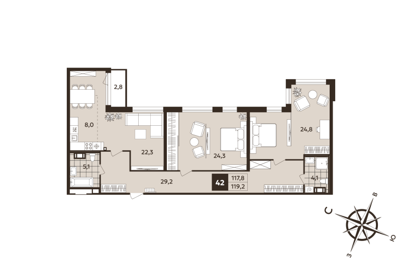 3-комнатная (Евро) квартира, 117.8 м² в ЖК "Дом на Бронницкой" - планировка, фото №1