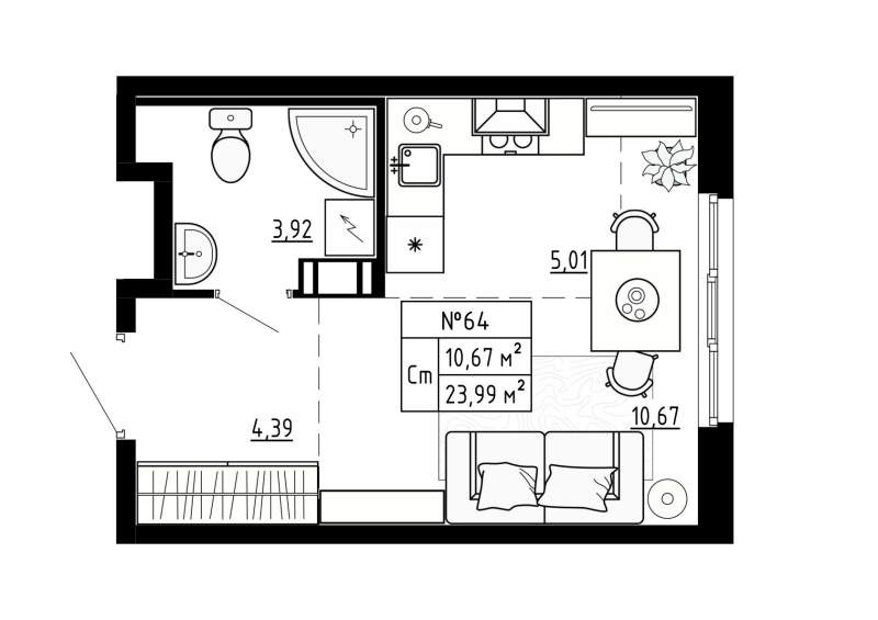 Квартира-студия, 23.98 м² - планировка, фото №1