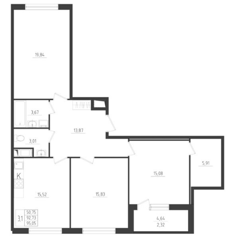 4-комнатная (Евро) квартира, 95.05 м² - планировка, фото №1