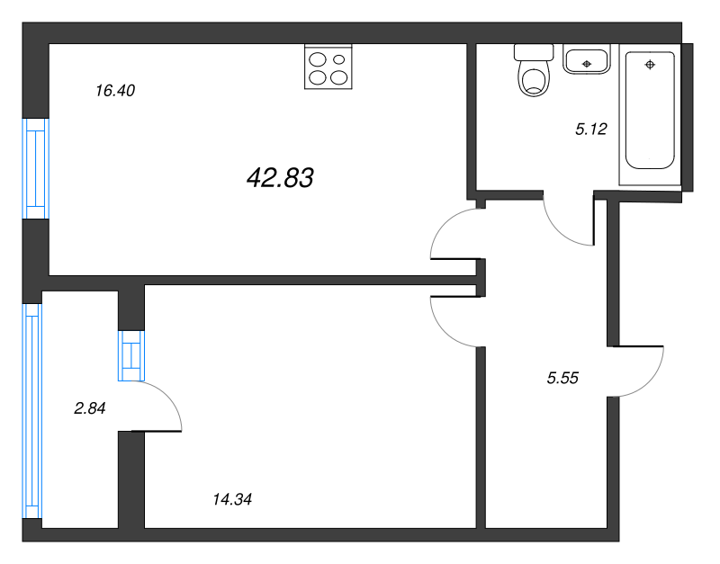 2-комнатная (Евро) квартира, 42.83 м² - планировка, фото №1