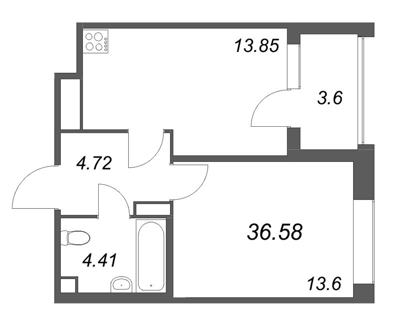 1-комнатная квартира, 36.58 м² в ЖК "Дом на Курской" - планировка, фото №1