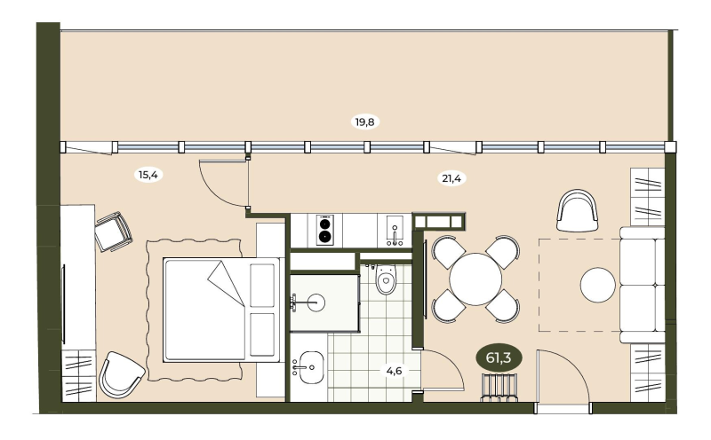 2-комнатная (Евро) квартира, 61 м² в ЖК "Место в Рощино" - планировка, фото №1