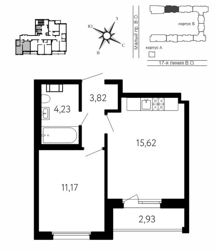 2-комнатная (Евро) квартира, 36.31 м² в ЖК "17-я линия" - планировка, фото №1