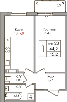 2-комнатная (Евро) квартира, 44.2 м² - планировка, фото №1