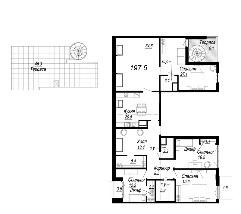 5-комнатная квартира, 189 м² - планировка, фото №1
