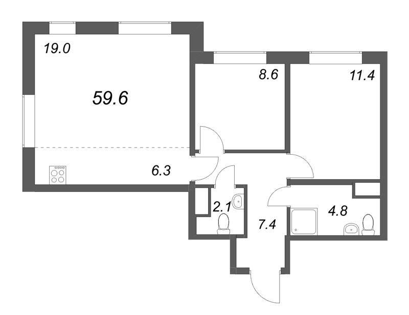 3-комнатная (Евро) квартира, 59.6 м² - планировка, фото №1