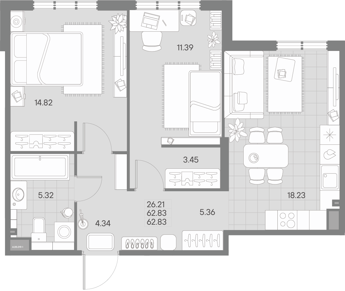 3-комнатная (Евро) квартира, 62.83 м² - планировка, фото №1