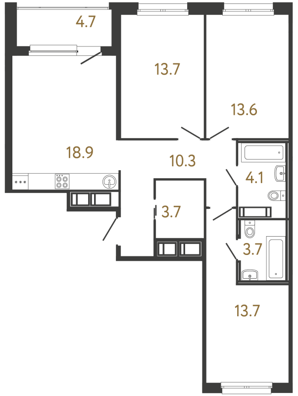 4-комнатная (Евро) квартира, 81.7 м² в ЖК "Передвижники" - планировка, фото №1