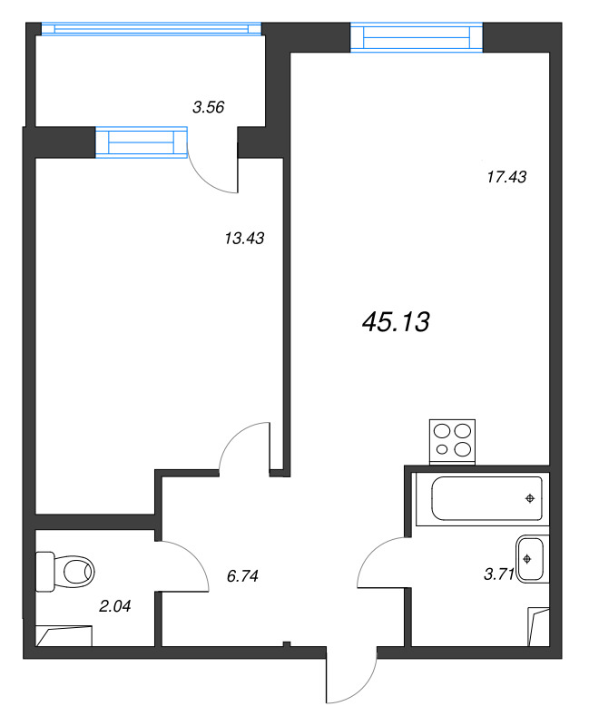 2-комнатная (Евро) квартира, 45.13 м² в ЖК "Энфилд" - планировка, фото №1