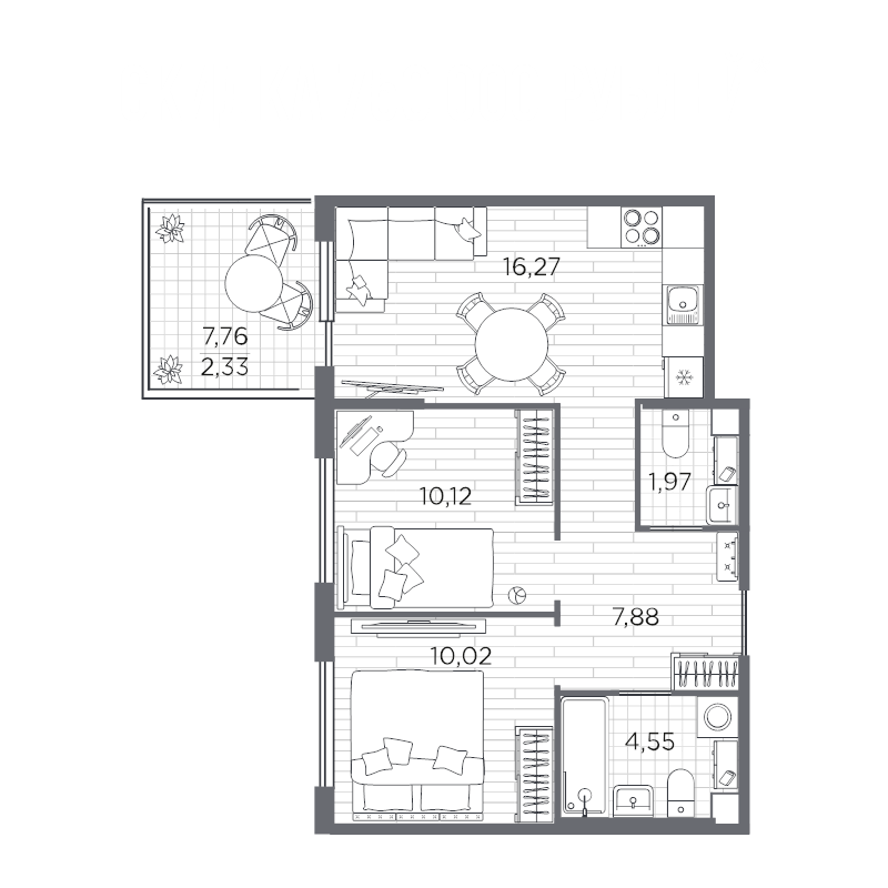 3-комнатная (Евро) квартира, 53.14 м² - планировка, фото №1