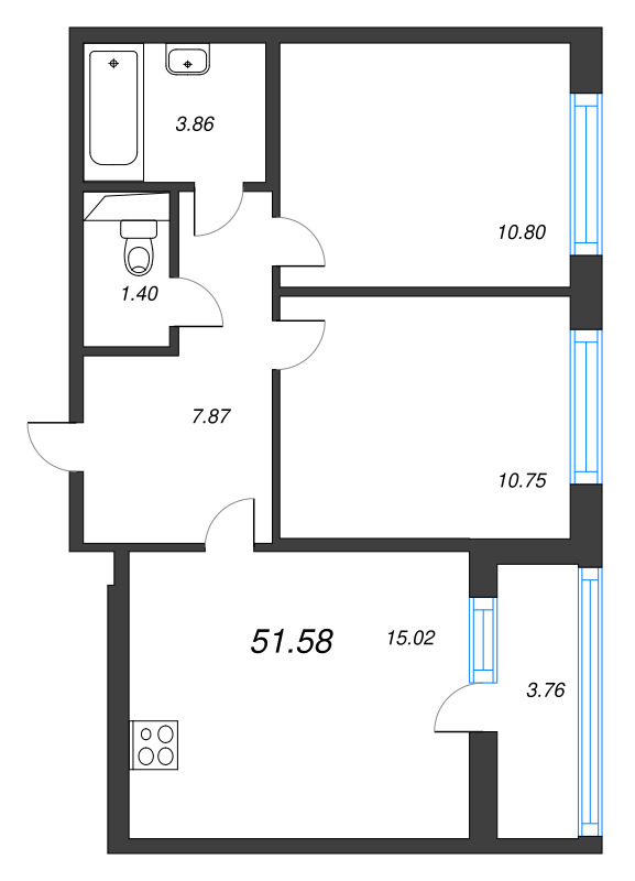 3-комнатная (Евро) квартира, 51.58 м² в ЖК "AEROCITY" - планировка, фото №1