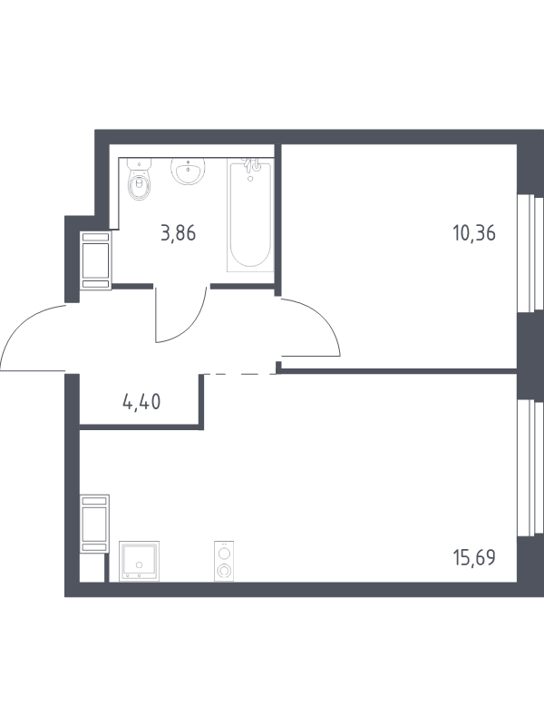 2-комнатная (Евро) квартира, 34.31 м² в ЖК "Квартал Торики" - планировка, фото №1