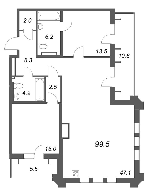 3-комнатная (Евро) квартира, 99.5 м² в ЖК "Коллекционер" - планировка, фото №1