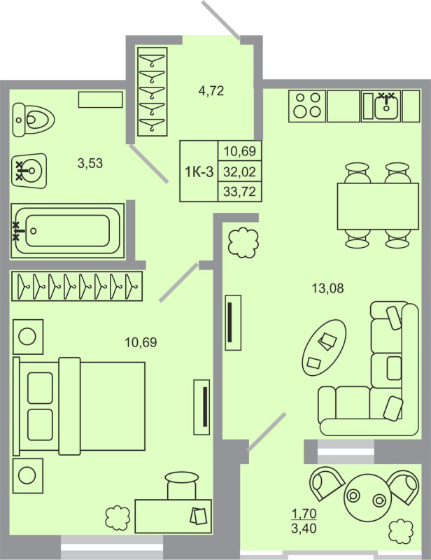 1-комнатная квартира, 33.72 м² в ЖК "Стороны света-2" - планировка, фото №1
