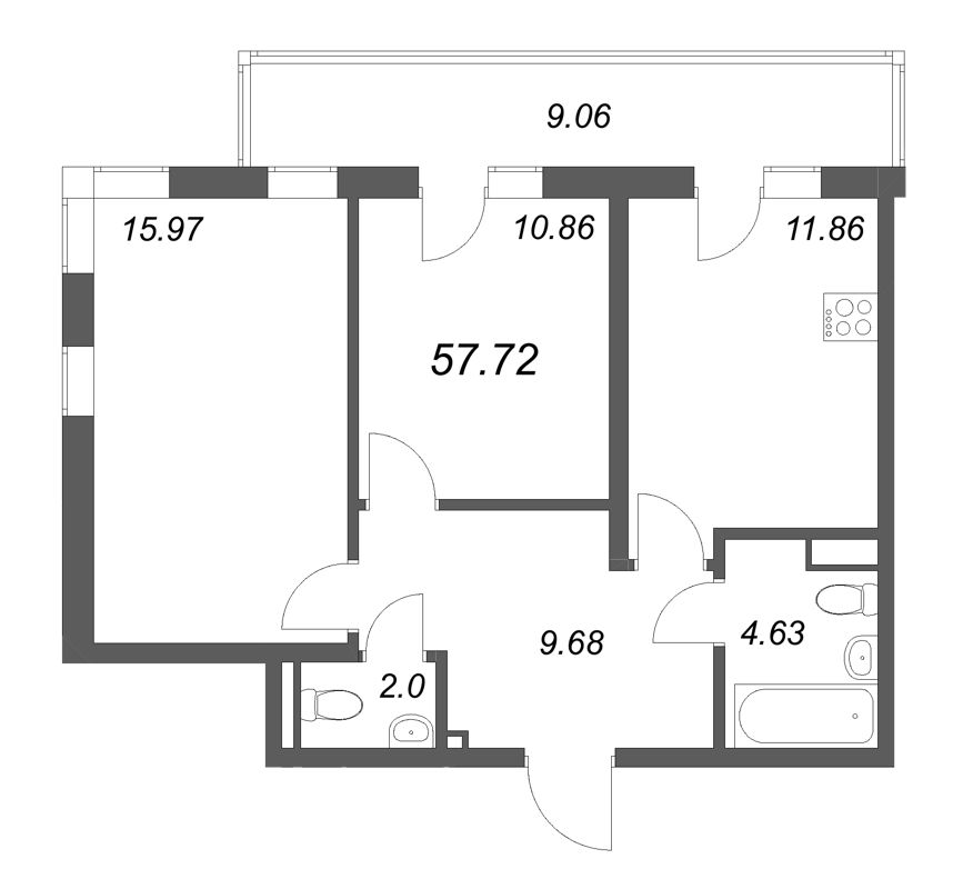 2-комнатная квартира, 57.72 м² в ЖК "Новая история" - планировка, фото №1