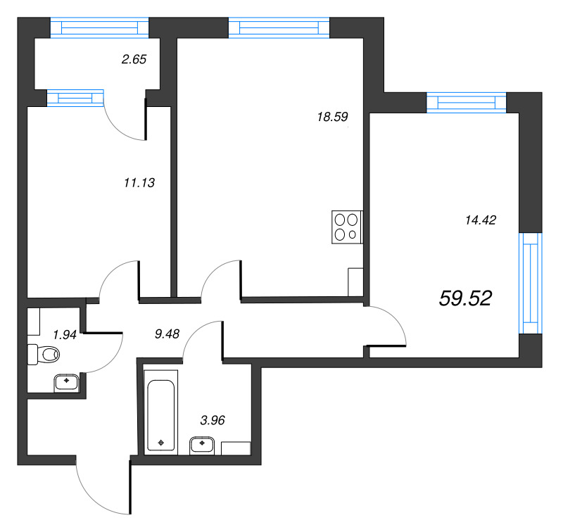 3-комнатная (Евро) квартира, 59.52 м² в ЖК "Б15" - планировка, фото №1