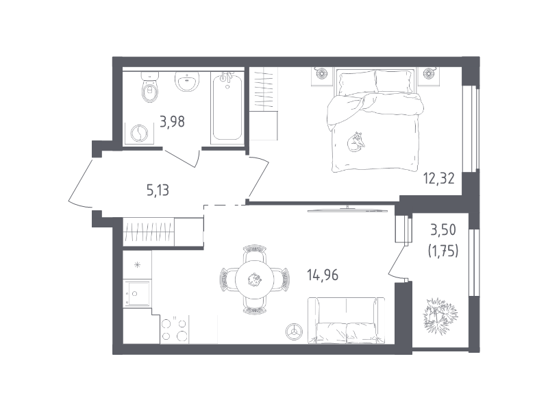 1-комнатная квартира, 38.14 м² в ЖК "Южная Нева" - планировка, фото №1