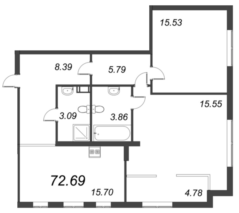3-комнатная (Евро) квартира, 72.69 м² в ЖК "ID Moskovskiy" - планировка, фото №1