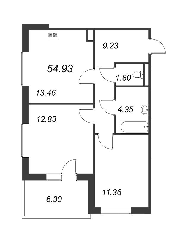 2-комнатная квартира, 53.04 м² - планировка, фото №1