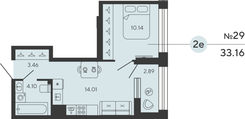 2-комнатная (Евро) квартира, 33.16 м² в ЖК "Bashni Element" - планировка, фото №1