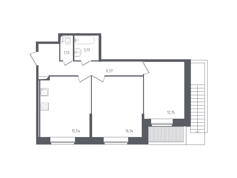 2-комнатная квартира, 57.46 м² - планировка, фото №1