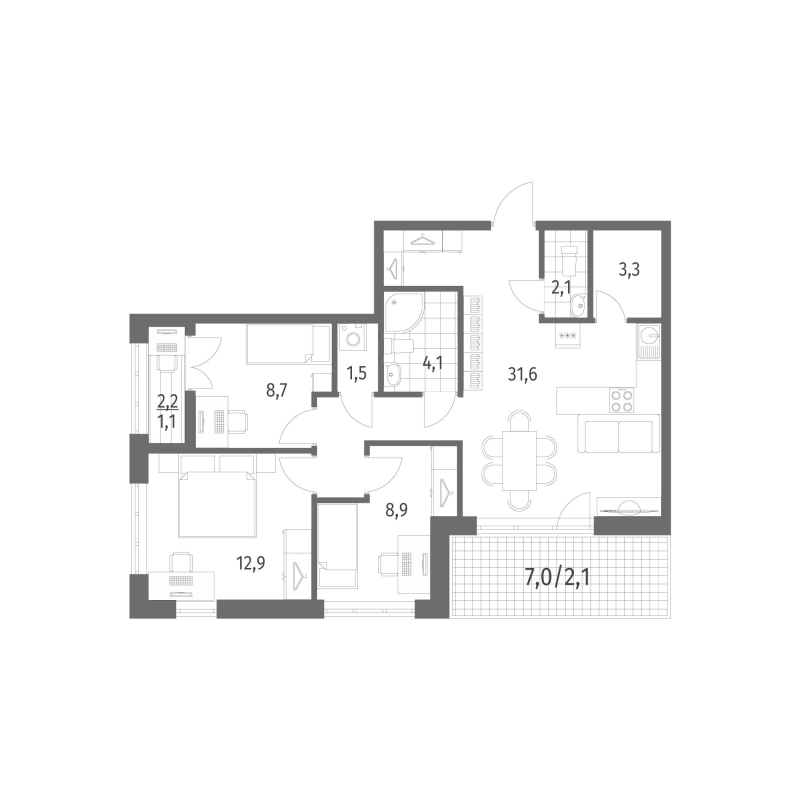 3-комнатная квартира, 76.3 м² - планировка, фото №1