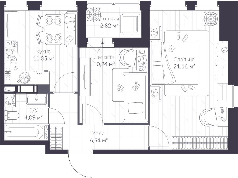 2-комнатная квартира, 55 м² - планировка, фото №1