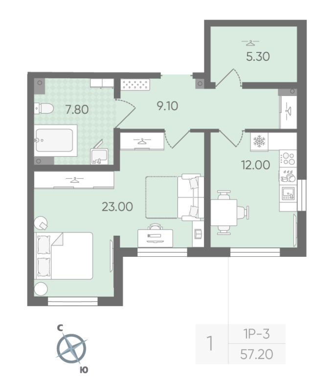 1-комнатная квартира, 57.2 м² в ЖК "Ручьи" - планировка, фото №1