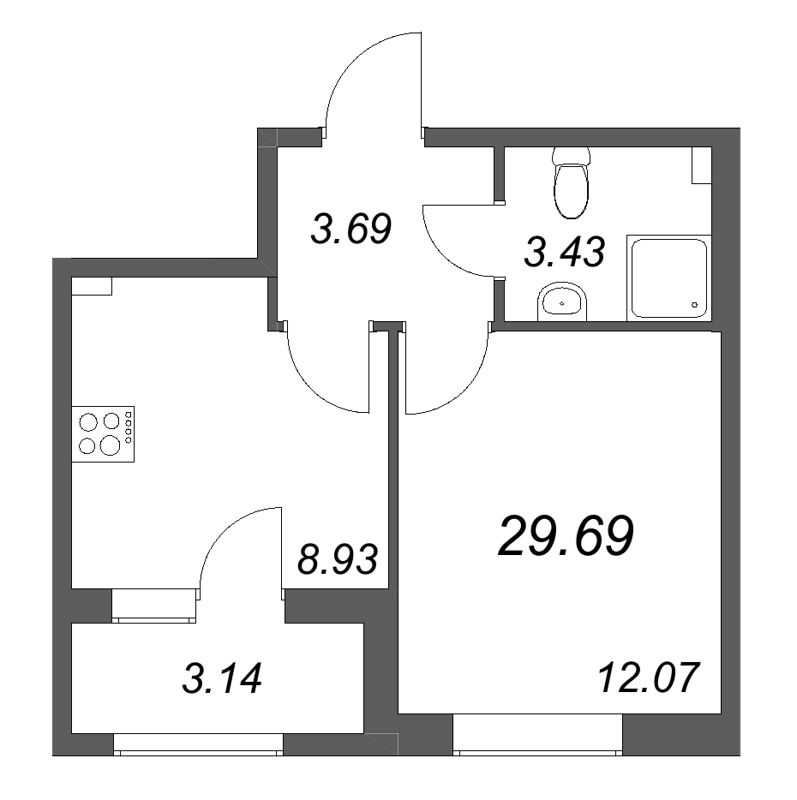 1-комнатная квартира, 29.69 м² в ЖК "Гранат" - планировка, фото №1