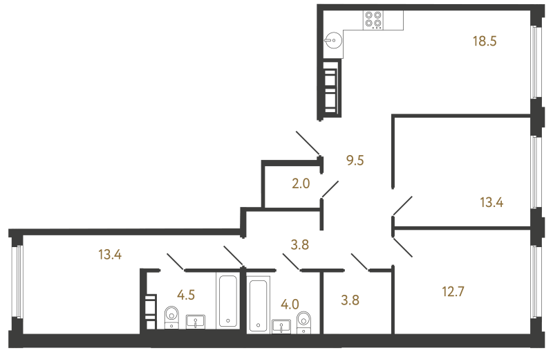 4-комнатная (Евро) квартира, 85.6 м² в ЖК "Гений" - планировка, фото №1