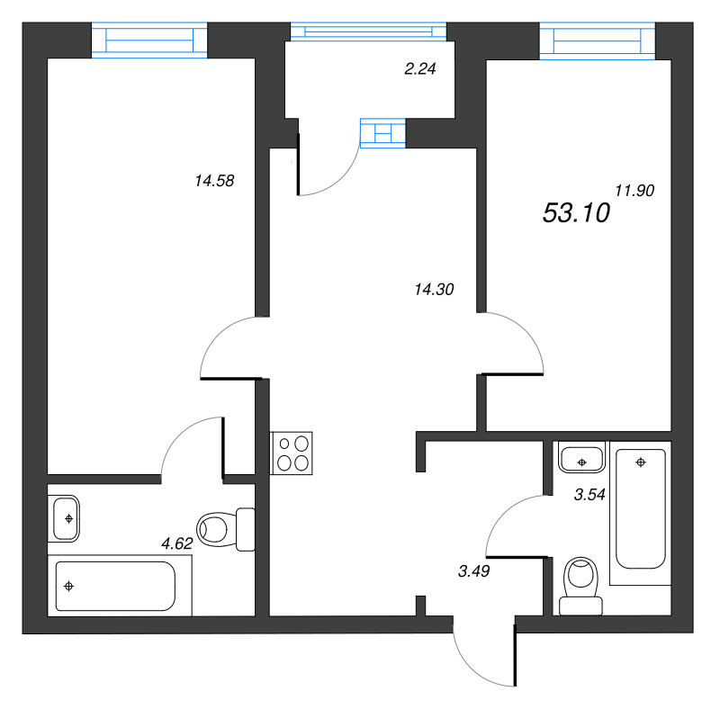 2-комнатная квартира, 53.1 м² в ЖК "Тишин" - планировка, фото №1