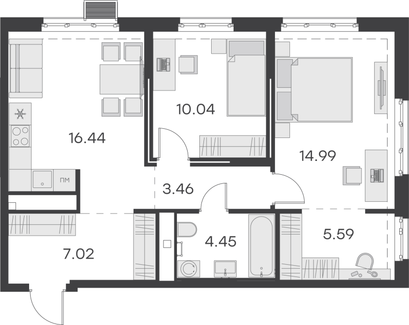 3-комнатная (Евро) квартира, 61.99 м² - планировка, фото №1