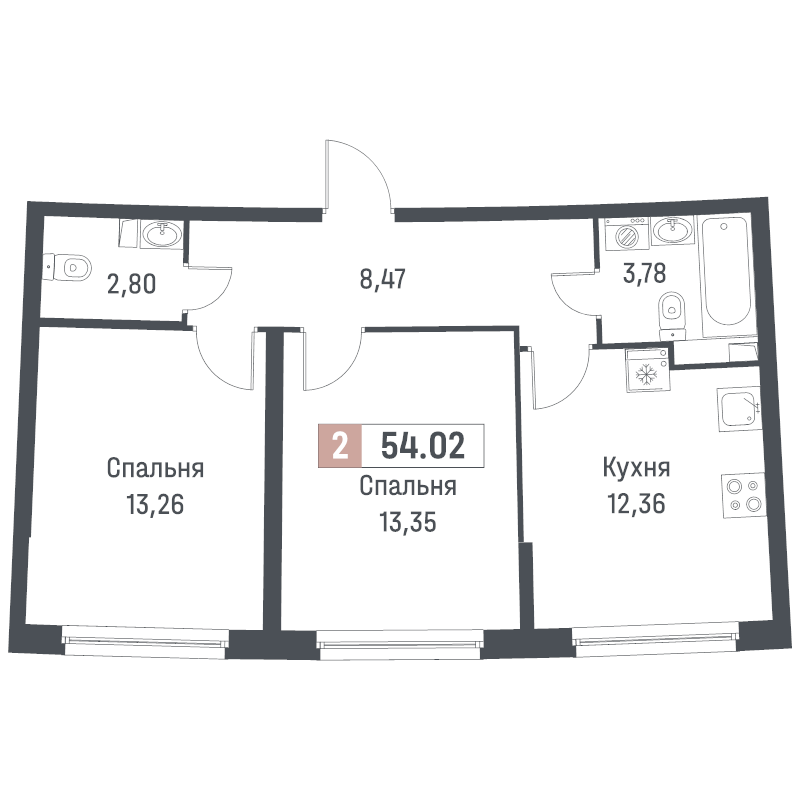 2-комнатная квартира, 54.02 м² в ЖК "Авиатор" - планировка, фото №1