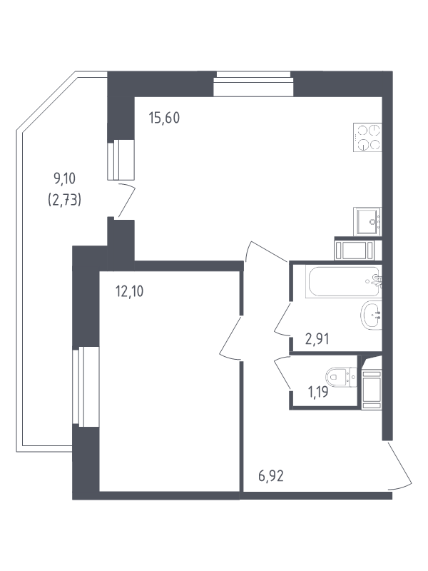 2-комнатная (Евро) квартира, 41.45 м² в ЖК "Живи! В Рыбацком" - планировка, фото №1