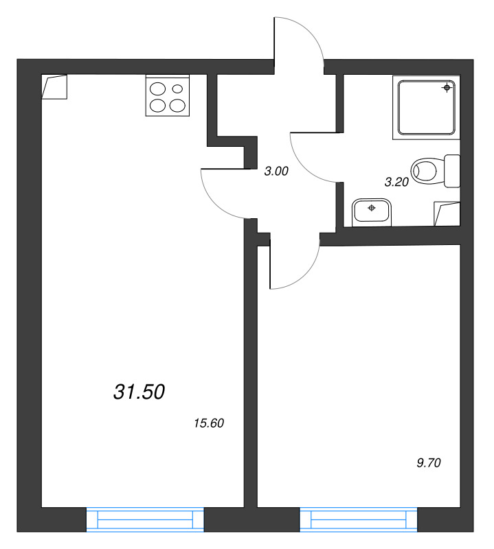1-комнатная квартира, 31.5 м² в ЖК "Ручьи" - планировка, фото №1