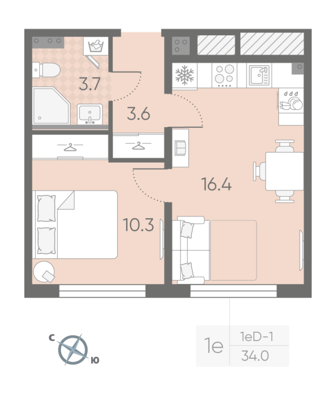 2-комнатная (Евро) квартира, 34 м² в ЖК "Пулково Lake" - планировка, фото №1