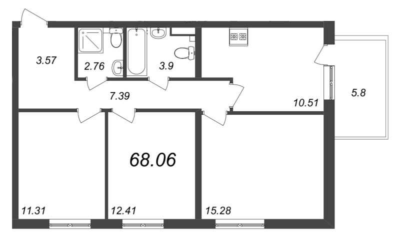 3-комнатная квартира, 72.12 м² - планировка, фото №1