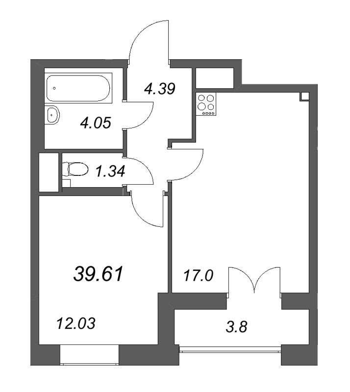 2-комнатная (Евро) квартира, 39.61 м² - планировка, фото №1