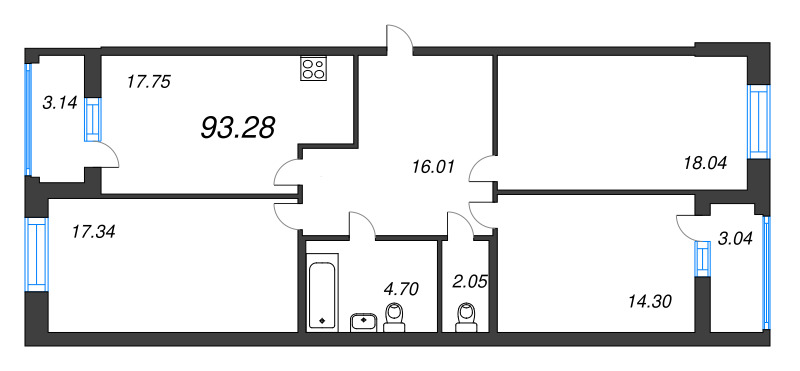 4-комнатная (Евро) квартира, 93.28 м² в ЖК "Аквилон Leaves" - планировка, фото №1