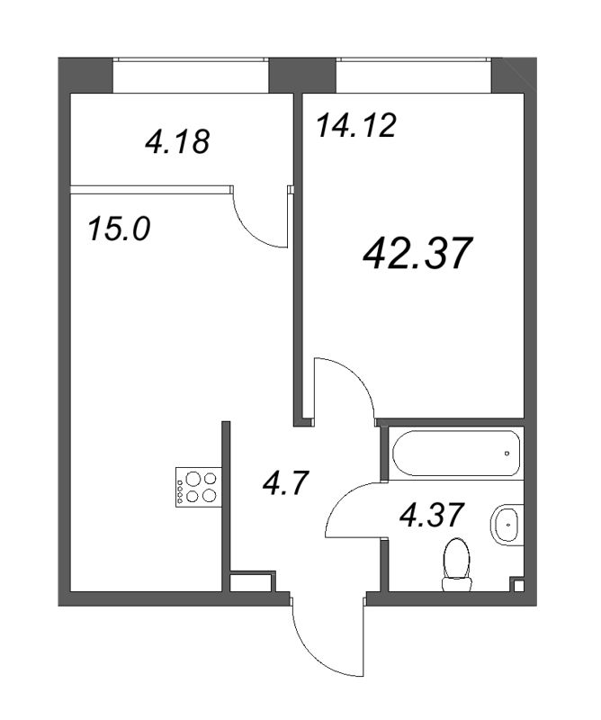 2-комнатная (Евро) квартира, 42.37 м² - планировка, фото №1