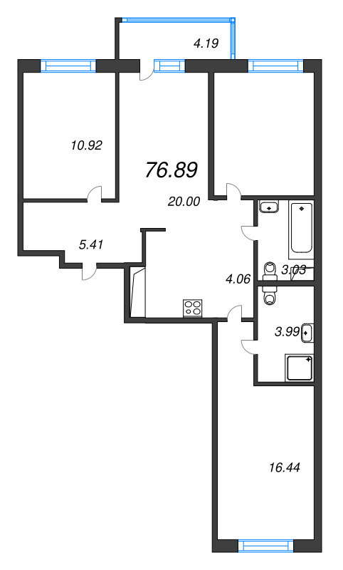 4-комнатная (Евро) квартира, 76.89 м² в ЖК "Окла" - планировка, фото №1