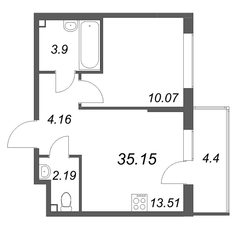 1-комнатная квартира, 35.15 м² в ЖК "Охтинские высоты" - планировка, фото №1