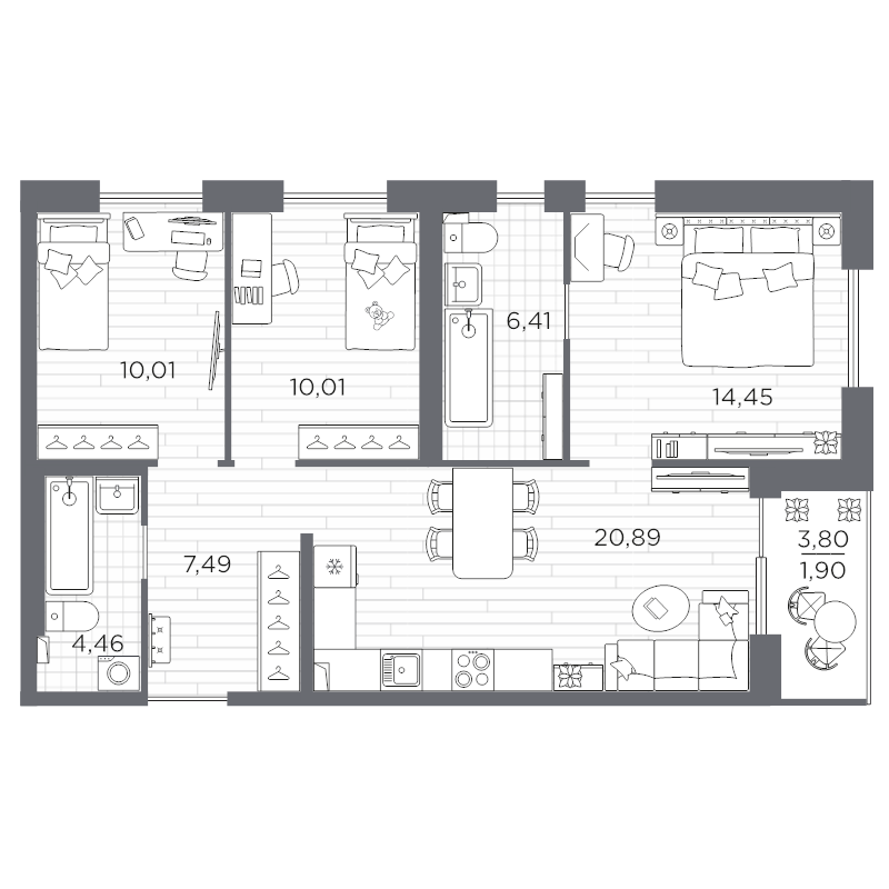 4-комнатная (Евро) квартира, 75.62 м² в ЖК "Сезоны" - планировка, фото №1