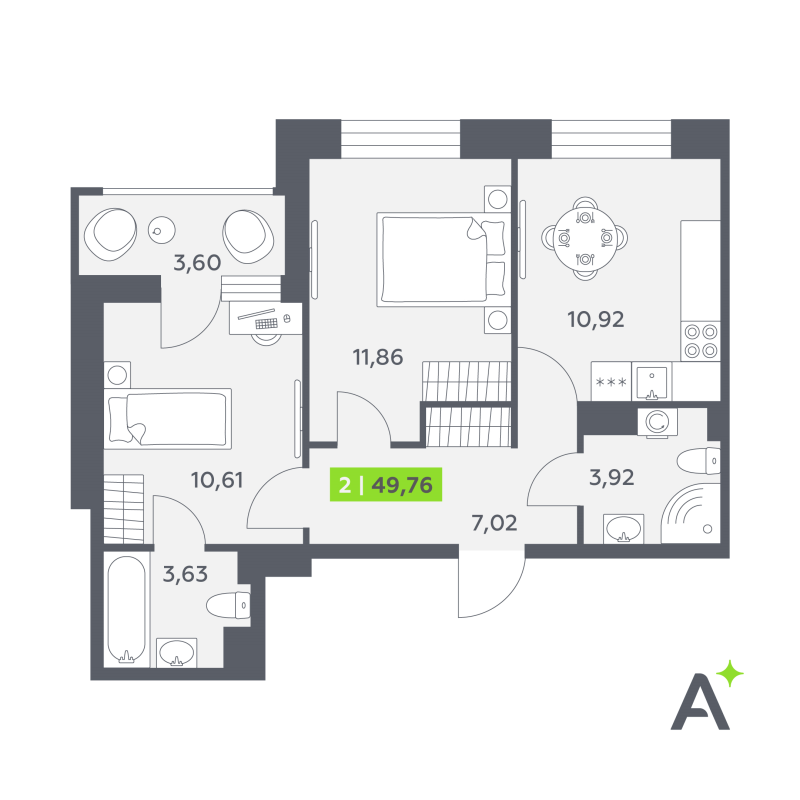 2-комнатная квартира, 49.76 м² в ЖК "Аквилон РекаПарк" - планировка, фото №1