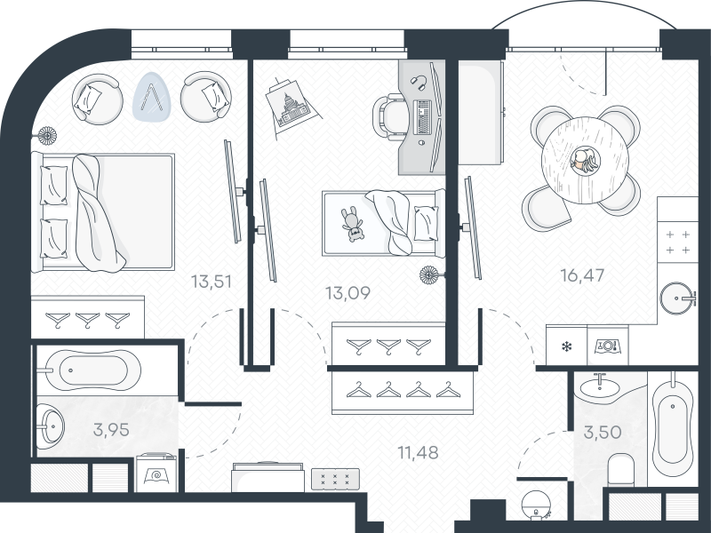 3-комнатная (Евро) квартира, 62.75 м² в ЖК "MONODOM-ART" - планировка, фото №1